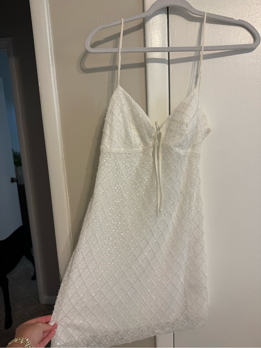 B Darlin White Beaded Sequin Slip Dress with Spaghetti Straps